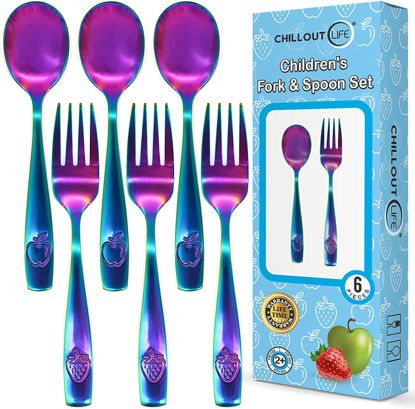 Picture of 6 Piece Stainless Steel Kids Silverware Set - Child and Toddler Safe Flatware - Kids Utensil Set - Metal Kids Cutlery Set (Includes 3 Small Kids Spoons & Kids 3 Forks, UV Rainbow)