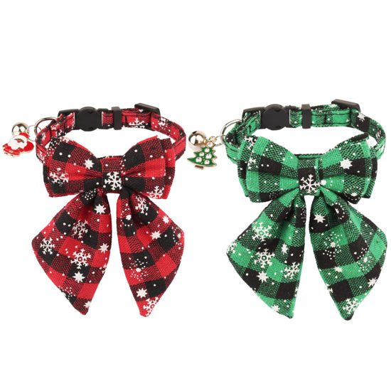 Picture of ADOGGYGO Christmas Cat Collars Breakaway with Stylish Bow, 2 Pack Red Green Plaid Christmas Kitten Collar with Bell, Removable Bowtie Cat Christmas Collar for Cats Kittens (6.5"- 8.5", Bow-2)