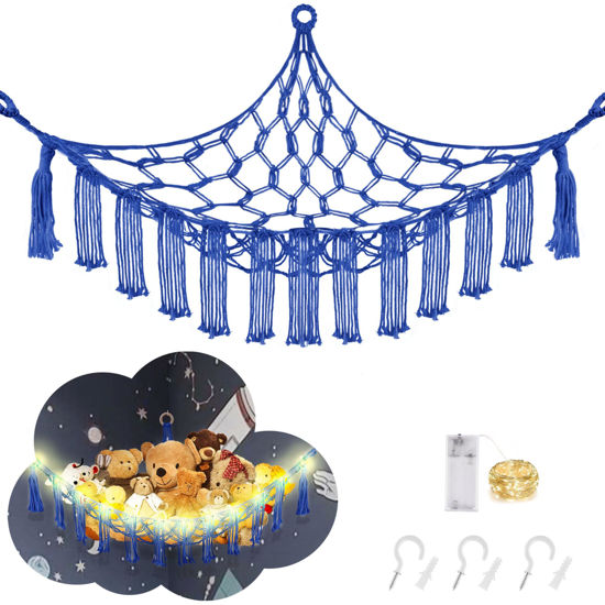 Picture of CERETIA Stuffed Animal Hammock with LED Light, Toy Hammock for Stuffed Animals Storage for Kids Room Decor, Stuffed Animal Hammock Corner, Royal Blue