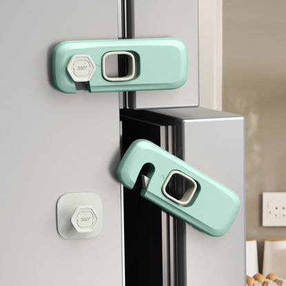 Picture of 5 Pack Child Proof Refrigerator Lock, QYESWHSR Fridge Locks for Kids with Sticky Adhesive Pads, Child Safety Locks for Doors, RV Refrigerator, Oven Lock Child Safety Baby Cabinet Locks - Green Updated