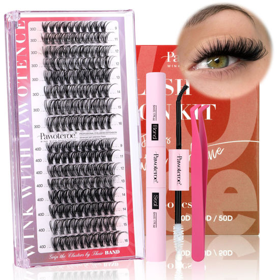 Picture of Pawotence Lash Extension Kit Individual Lash Clusters Kit 9-16mm 30D 40D Cluster Eyelash Extensions Kit with Lash Bond and Seal, Lash Tweezers for Self Use (30D&40D, 0.07D, 9-16mm, Portable Kit)