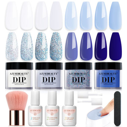 Picture of AZUREBEAUTY Dip Powder Nail Kit Winter Aquarius White Navy Blue Glitter 4 Colors Acrylic Dipping Powder Liquid Set with Base/Top Coat Activator for French Nail Art Manicure DIY Gift for Women