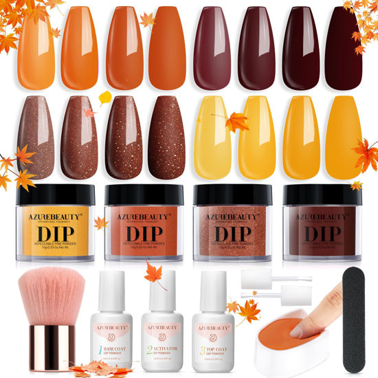 Picture of AZUREBEAUTY Dip Powder Nail Kit Starter, Fall Winter Yellow Orange Brown Glitter 12 Pcs 4 Colors Acrylic Dip Powder Liquid Set with Base/Top Coat Activator for French Nail Art Manicure DIY Gift