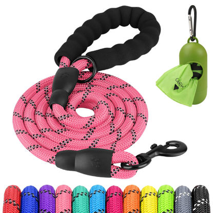 Picture of Joytale 6/5/4 FT Leashes for Large Medium Breed Dogs, Heavy Duty Nylon Braided Rope Dog Leash, Comfortable Padded Handle Strong Leashes with Poop Bags and Dispenser, Pink, 6'×1/2''