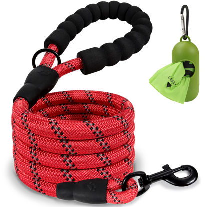 Picture of Joytale 6/5/4 FT Leashes for Large Medium Breed Dogs, Heavy Duty Nylon Braided Rope Dog Leash, Comfortable Padded Handle Strong Leashes with Poop Bags and Dispenser, Red, 6'×1/2''