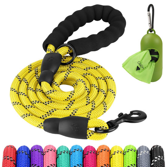 Picture of Joytale 6/5/4 FT Leashes for Large Medium Breed Dogs, Heavy Duty Nylon Braided Rope Dog Leash, Comfortable Padded Handle Strong Leashes with Poop Bags and Dispenser, Yellow, 6'×1/2''