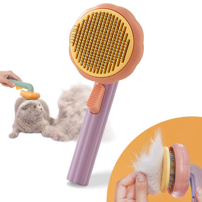 Picture of OurMiao Pumpkin Cat Brush, Self Cleaning Cat Brush with Release Button, Cat Hair Brush for Shedding, Pet Grooming Brush for Short and Long Haired Cats Dogs (Purple)