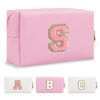 Picture of Personalized Initial A-Z Preppy Patch Makeup Bag,Small PU Leather Chenille Letter Cosmetic Bag with Zipper for Teen Girls,Pink Cute Travel Toiletry Bag,Birthday Monogrammed Gift for Daughter,Letter S