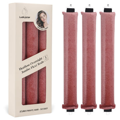 Picture of Overnight Blowout Rods Jumbo Heatless Hair Curler, Heatless Curls Satin Jumbo Flexi Rods to Sleep in, Heatless Rod for All Hair Types,No Heat Overnight Sleeping Curls Styling Tools 3pcs Dark Pink