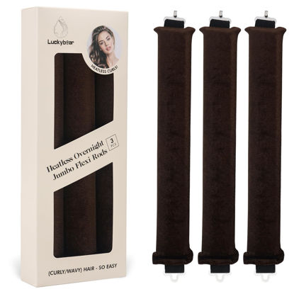 Picture of Luckybear Jumbo Heatless Hair Curler, 3pcs Satin Flexi Rods for All Hair Types, Heatless Overnight Curls Styling Tools, Soft Velvet Satin Brown