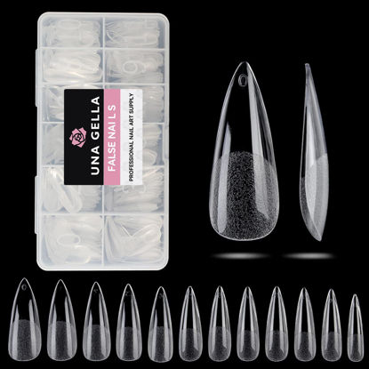 Picture of UNA GELLA Long Stiletto Gel X Nail Tips Full Cover 504PCS Pre-shape Long Stiletto Almond Fake Clear Nails Tips No Need File Stiletto Gel Tips No C Curve for Nail Extension DIY Art Salon 12 Sizes