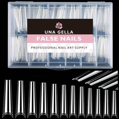 Picture of UNA GELLA Extra Long Coffin Nail Tips No C Curve 504PCS XXL Coffin Nails Half Cover Long Coffin Gel X Nails Tips Clear Fake False Nails Long Gel Extensions for Nail Art Salon Home DIY No Need File