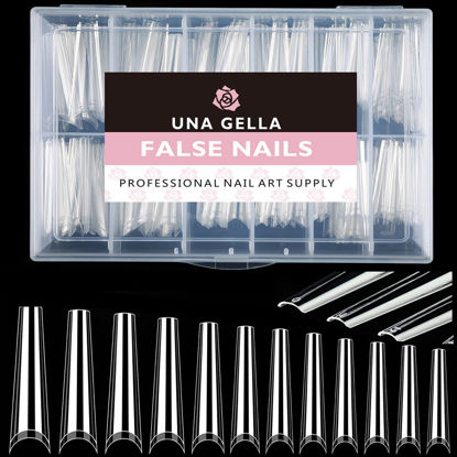 Picture of UNA GELLA Fake False Coffin Nails Tips No C Curve 216PCS Extra Long Acrylic Nail Tips For Nail Art / Extension, Home DIY Salon 12 Sizes Gelly Tips, Clear, XXL