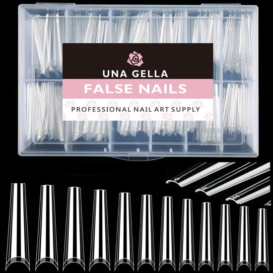 Picture of UNA GELLA Fake False Coffin Nails Tips No C Curve 216PCS Extra Long Acrylic Nail Tips For Nail Art / Extension, Home DIY Salon 12 Sizes Gelly Tips, Clear, XXL