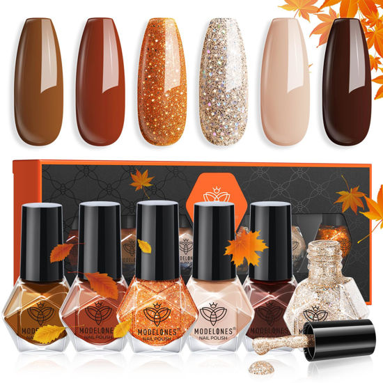 Picture of modelones Nail Polish Set 6 Colors Fall Winter Glitter Nail Polish Kit Orange Brown Quick Dry Nail Polish Manicure Nail Art Manicure DIY Home Salon Gift for Women Mom