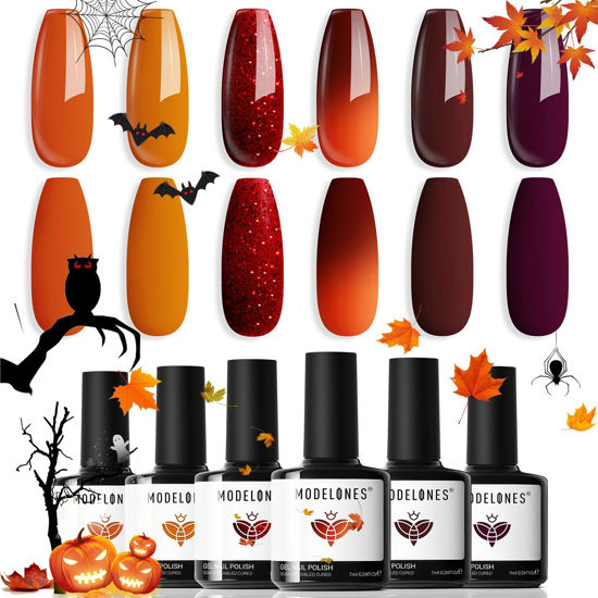 Picture of Modelones Gel Nail Polish Set 6 Colors, Fall Brown Glitter Red Orange Burgundy Turkey Pumpkin Color Changing Gel Polish Kit Halloween Nails Soak Off Nail Art Manicure Home Gift for Women Girl