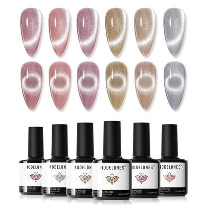 Picture of modelones Cat Eye Gel Nail Polish Set, 6 Colors Holographic 9D Cat Eye Glitter Gel Polish Semi-transparent Nude Pink Gray Brown Nail Gel Polish with Magnet Soak Off Led Nail Art Gel DIY Salon Gift