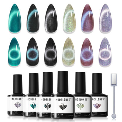 Picture of Modelones Cat Eye Gel Nail Polish Set, 6 Colors Holographic 9D Cat Eye Glitter Gel Polish Set Black Blue Purple Green Nail Gel Polish Kit with Magnet Soak Off LED Nail Art Gel DIY Salon Gift