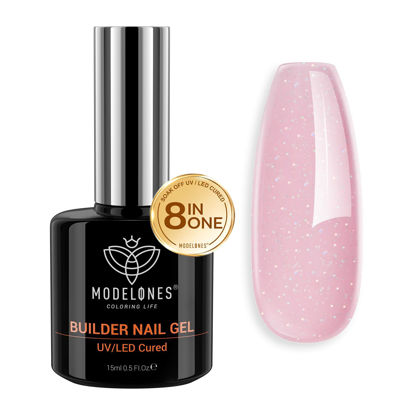 Picture of modelones Builder Nail Gel, 8-in-One Nude Pink Glitter Builder Nail Gel Polish, Rainbow Iridescent Shimmer Rubber Base Gel Polish, Jelly Pink Sparkle LED Nail Lamp Cured Hard Gel Color Base