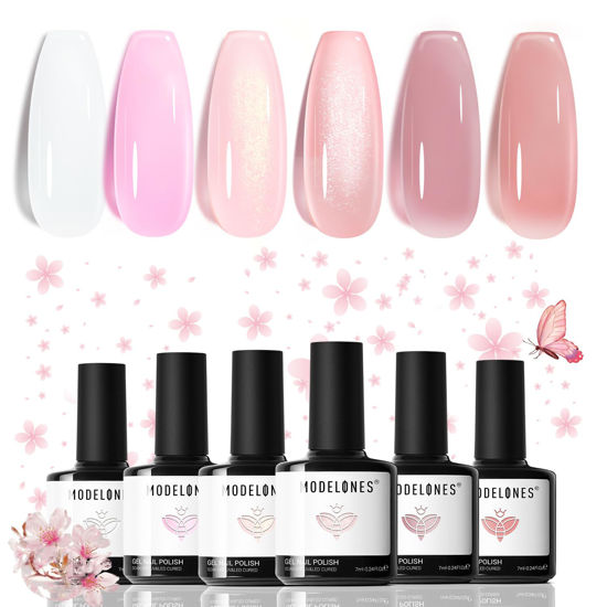 Picture of modelones Gel Nail Polish Set, 6 Colors Nude Pink Jelly Gel Polish Milky White Neutral Nail Gel Polish Summer Shimmery Glitter Translucent Nail Art Gel Kit Soak off Manicure DIY Salon Gift for Ladies