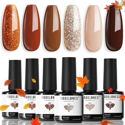 Picture of modelones Gel Nail Polish Set, 6 PCS Neutral Nude Brown Gel Polish Fall Colors 2024 Gold Glitter Nail Gel Polish Soak OFF LED Nail Art Gel Kit Manicure Salon DIY Halloween Nails Gift