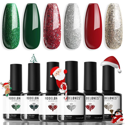 Picture of modelones Christmas Gel Nail Polish Set 6 Colors, Winter Sparkle Dark Green Red Glitter Silver Champagne Rose Gold New Year Shades Shopping Gel Polish Kit Fall Soak Off Nail Art Manicure Home Gift