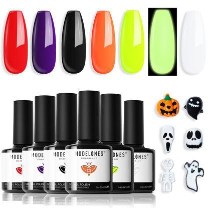 Picture of modelones Halloween Gel Nail Polish Set 6 Colors Hocus Pocus Collection Glow in the Dark Neon Green Orange Purple Red Black Gel Polish Set Fall Soak Off LED Nail Art Gel Kit Gift with Nail Stikers