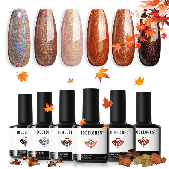 Picture of Modelones Fall Gel Nail Polish Set- 6 Colors Chameleon Nude Brown Gel Polish Set Maple leaf Orange Holographic Pearl Shimmer Glitter Gel Polish Kit Soak Off LED Halloween Nail Art Gel DIY Salon Gift