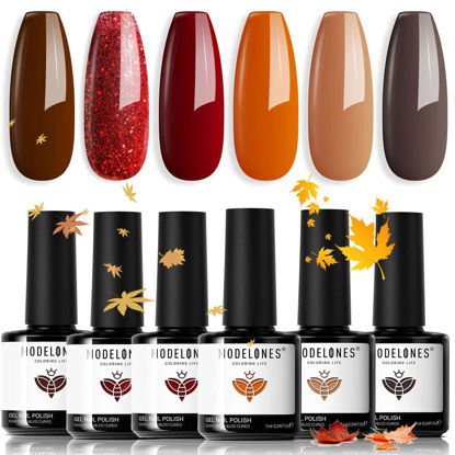 Picture of modelones Gel Nail Polish Set, 6 PCS Nude Brown Orange Fall Gel Polish Colors Dark Red Wine Glitter Gel Polish Set Soak Off Halloween Nail Art Manicure Kit DIY Salon No Wipe Holiday Gift