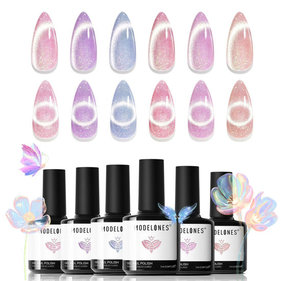 Picture of Modelones Holographic Glitter Cat Eye Gel Nail Polish Kit 6 Colors with Magnet Romantic Rainbow Galaxy Series Pastel Gel Polish Soak Off Led Gel Nail Polish Set Nail Art Gel Manicure Salon DIY Gifts