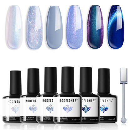 Picture of modelones Gel Nail Polish Set, 6 Colors Blue Collection Glitter Gel Polish Galaxy Dark Blue 9D Cat Eey Nail Gel polish with magnet Light Blue White Shimmer Pearl Soak Off Led Nail Art Gel DIY Salon