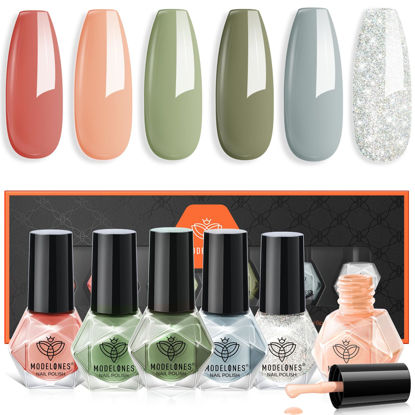 Picture of modelones Nail Polish Set 6 Colors Glitter Nude Nail Polish Set Quick Dry Coral Green Light Blue Polish Kit Finger Nail Polish Bulk Manicure DIY Nail Art Salon Home Gift For Women Girl