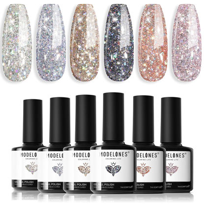 Picture of modelones Glitter Gel Nail Polish - 6 Colors Sparkle Silver Gold Pink Gel Polish Kit Soak Off Chrome Platinum Glitter Red Black Nail Polish Set Manicure Nail Art DIY Salon Home Holiday Gift for Women