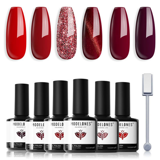 Picture of modelones Red Gel Nail Polish Set - 6 Colors Ruby Sparks Collection Popular Glitter Gel Polish Cat Eye Magnetic Gel Burgundy Red Sparkle Bloody Nail Polish Kit Art DIY Salon Gift for Girl Women