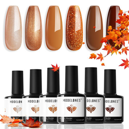 Picture of Modelones Fall Gel Nail Polish Set, 6 Colors Gel Polish Kit Pearl Nude Brown Shimmer Glitter Orange Red Nail Polish Gel, 2024 Halloween Nails Soak OFF LED Gel Nail Kit Manicure Nail Art Gel DIY Salon