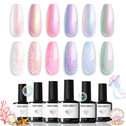 Picture of Modelones Pearl Gel Nail Polish Set, 6 Colors Aurora Iridescent Shimmer White Pink Purple Mermaid Nail Drawing Gel Polish Soak Off Led Summer Glitter Nail Gel Polish Swirl Shell Thread Effect DIY Gift