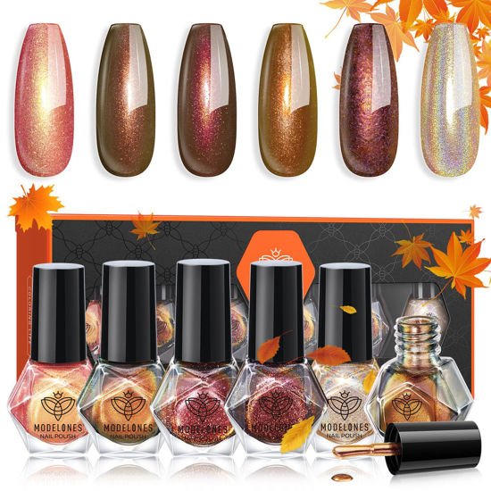 Picture of modelones Nail Polish Set 6 Colors, Fall Holographic Rose Gold Brown Quick Dry Nail Lacquer Kit, Orange Glitter Chrome Sparkle Metallic Trendy Manicure, DIY Nail Art Home Salon Gift for Women Girl