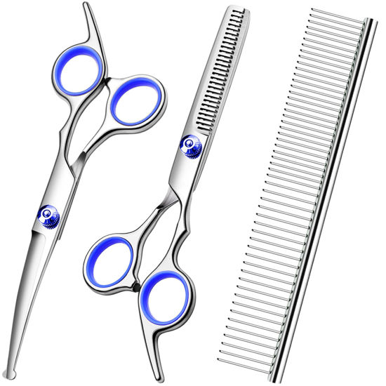 Picture of FAIGEO Professional 4 in1 Dog Grooming Scissors Kit, Titanium Coated Dog Scissors for Grooming, Grooming Shears Kit - Thinning, Curved Scissors and Comb for Dog Cat Pet