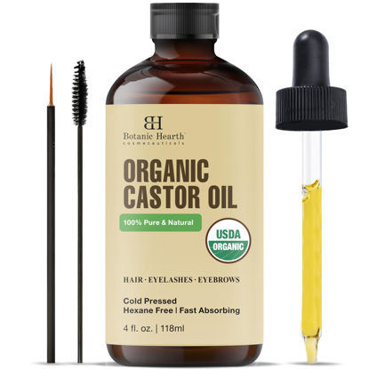 Picture of Botanic Hearth Castor Oil | USDA Certified Organic |100% Pure & Hexane Free | Cold Pressed | Growth for Eyelashes, Eyebrows, Hair | With Eyebrow & Eyelash Brush | 4fl oz