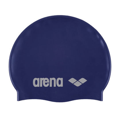 Picture of Arena Classic Unisex Soft Silicone Swim Cap for Women and Men, Intensive Training and Racing Comfortable Non-Slip Long Hair Swimming Hat, Denim/Silver