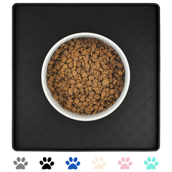 Picture of Ptlom Pet Placemat for Dog and Cat, Waterproof Non-Slip Silicone Feeding Bowl Mat Prevent Food and Water Overflow, Puppy Dish Feeder Fountain Trays Suitable for Medium and Small Pets, Black