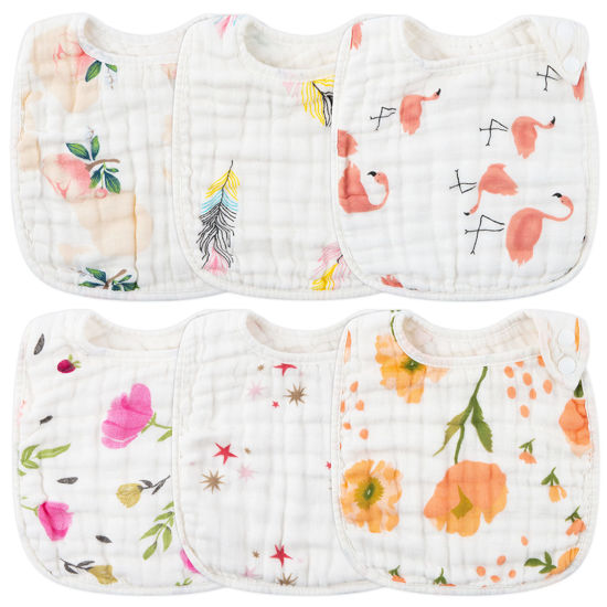 Picture of Zainpe 6Pcs Snap Muslin Cotton Bibs for Baby Flamingo Star Flower, Machine Washable Adjustable Burp Cloths with 6 Absorbent Soft Layers for Infant Newborn Toddler Drooling Feeding and Teething