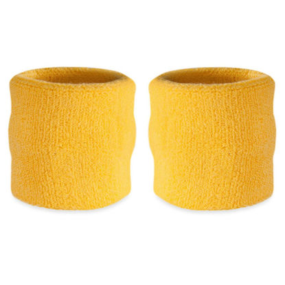 Picture of Suddora Wrist Sweatbands, Absorbent and Breathable Thick Cotton Bands for Working Out, Gymnastics, Basketball, Tennis, and Football, Multiuse Wristbands for Costumes and Cosplay(Pair) (Yellow)