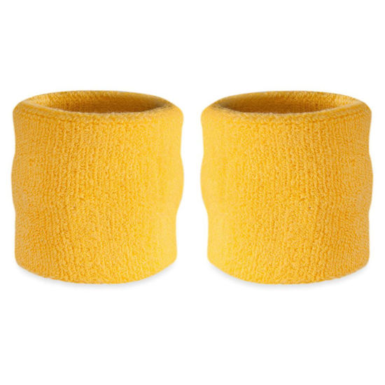 Picture of Suddora Wrist Sweatbands, Absorbent and Breathable Thick Cotton Bands for Working Out, Gymnastics, Basketball, Tennis, and Football, Multiuse Wristbands for Costumes and Cosplay(Pair) (Yellow)