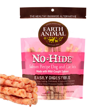 Picture of Earth Animal No Hide Stix Salmon Flavored Natural Rawhide Free Dog Chews Long Lasting Dog Chew Sticks | Dog Treats for Small Dogs and Cats | Great Dog Chews for Aggressive Chewers (1 Pack)