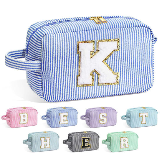 Picture of YOOLIFE Makeup Bag for Women - Monogram Cute Initial Blue Makeup Bags Cosmetic Toiletry Pouch Make Up Case for Women Her Best Friend Friendship Sister Teacher, Personalized Birthday Gifts for Women K