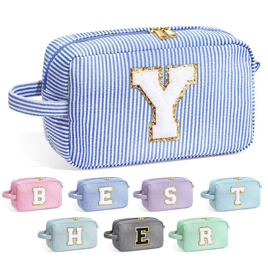 Picture of YOOLIFE Travel Cosmetic Bag for Women - Monogram Cute Initial Blue Makeup Bag Toiletry Pouch Make Up Case for Women Her Best Friend Friendship Sister Teacher, Personalized Birthday Gifts for Women Y