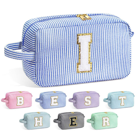 Picture of YOOLIFE Initial Cosmetic Bag for Women - Monogram Cute Blue Makeup Bag Cosmetic Toiletry Pouch Make Up Case for Women Her Best Friend Friendship Sister Teacher, Personalized Birthday Gifts for Women I