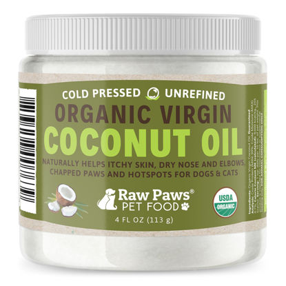 Picture of Raw Paws Virgin Organic Coconut Oil for Dogs & Cats, 4-oz - Treatment for Itchy Skin, Dry Nose, Paws - Hot Spot Lotion for Dogs - Natural Hairball Remedy for Dogs