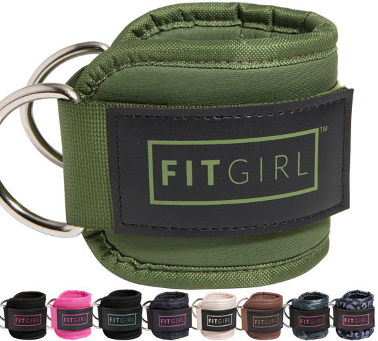 Picture of FITGIRL - Ankle Strap for Cable Machines and Resistance Bands, Work Out Cuff Attachment for Home & Gym, Glute Workouts - Kickbacks, Leg Extensions, Hip Abductors, for Women Only (Olive Green, Single)